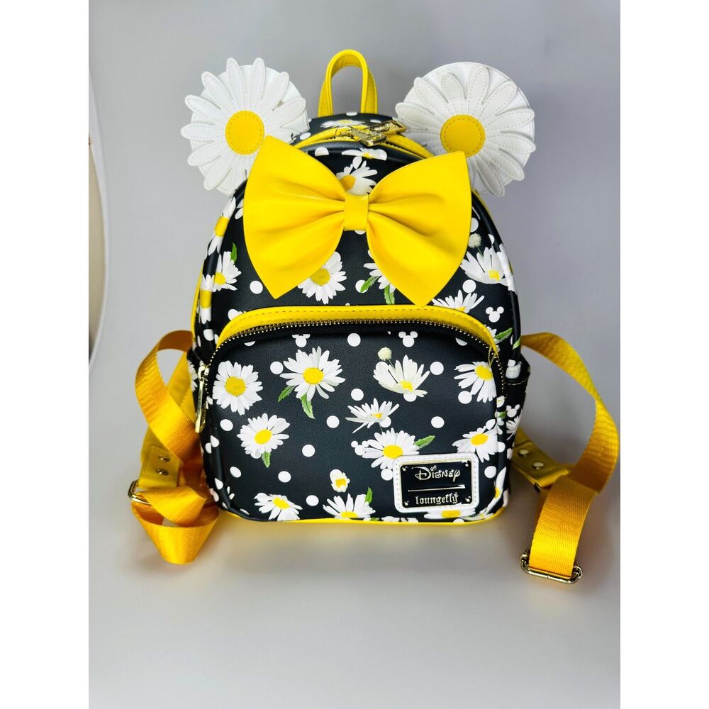 Loungefly Minnie Mouse Floral Daisies Bow Mini Backpack Black White Yellow EUC